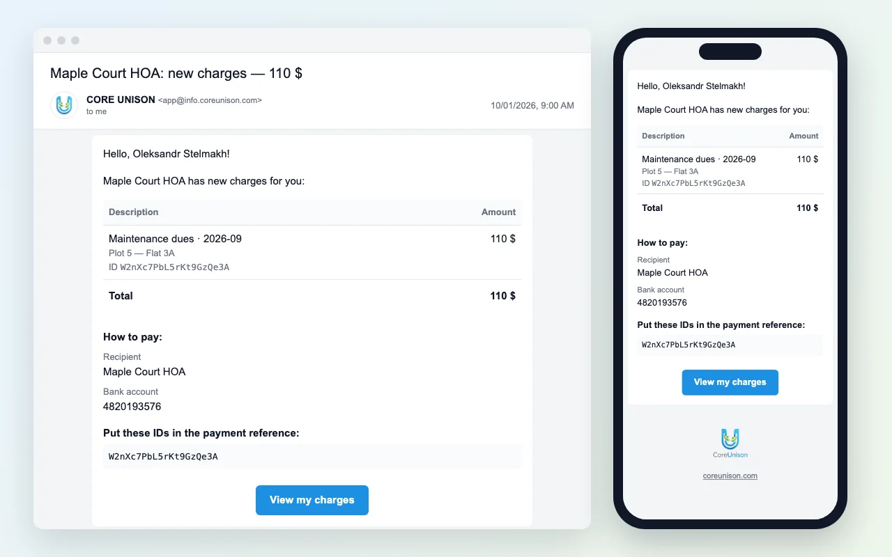 The bill email on desktop and phone: the charge with its ID, a 110 $ total, payment details, the ID for the payment reference and a "View my charges" button