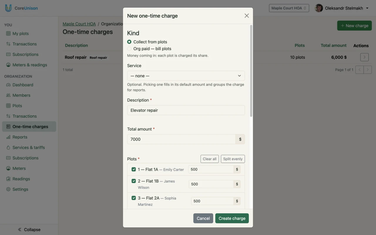 A new one-time charge: the total split into shares across the chosen plots