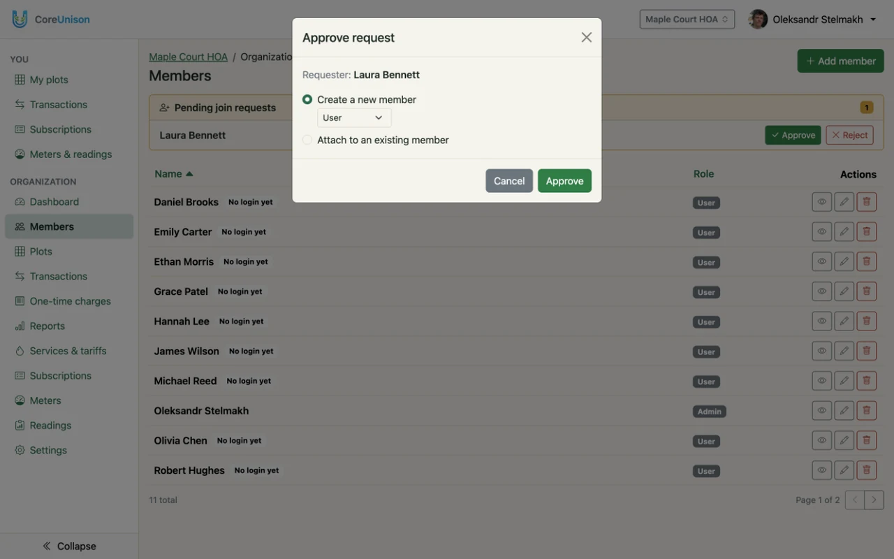 Approving a join request: create a new member or attach the login to an existing one