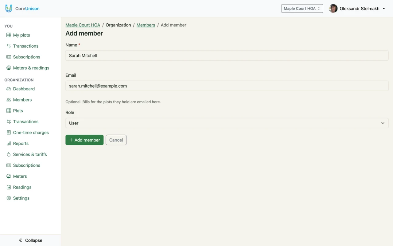 The Add member form: name, role and an optional email