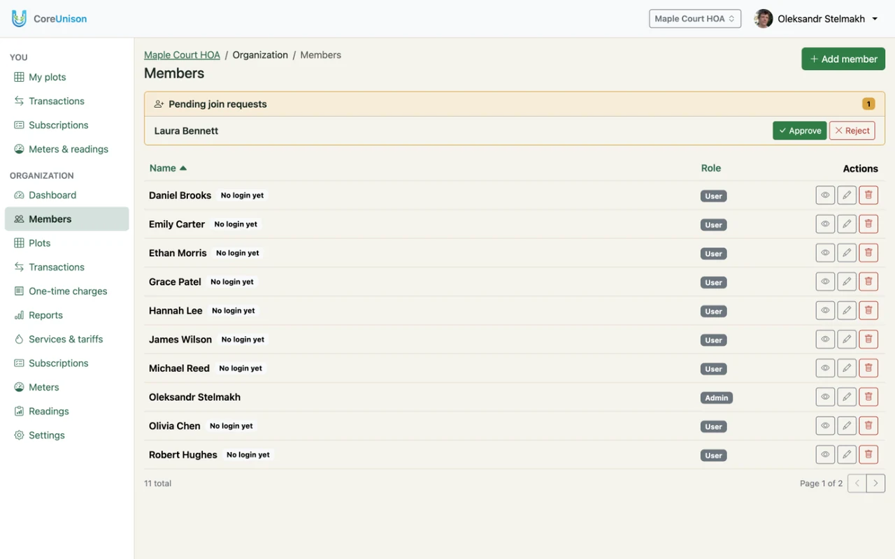 The members list: a pending join request and members marked “No login yet”