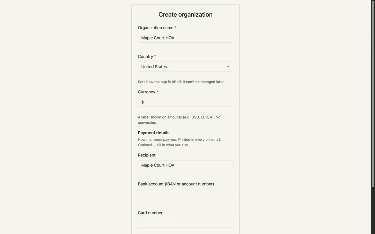 The “Create an organization” form: name, currency and country