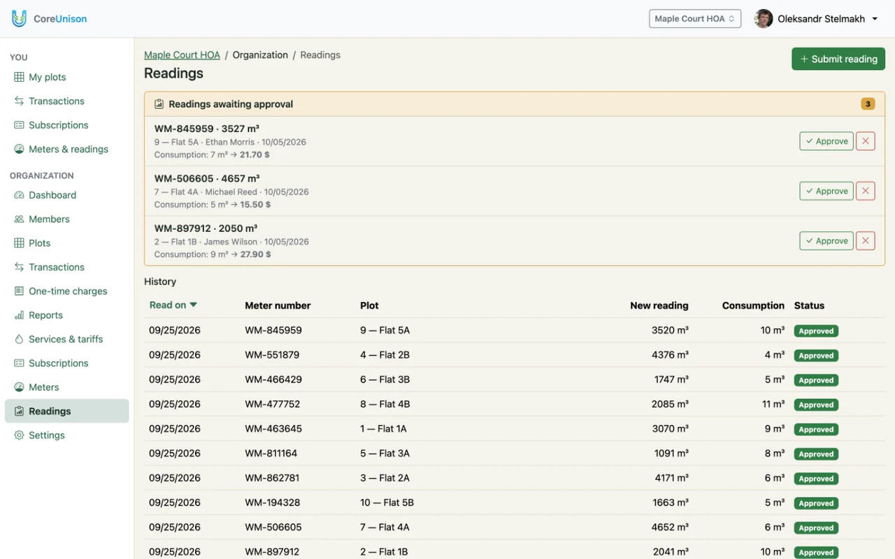 Water meter readings awaiting approval, each with its consumption and charge, above the reading history