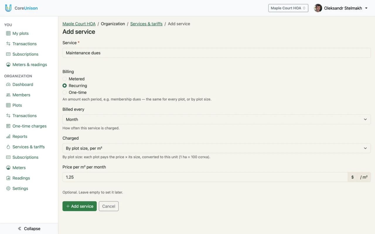 The Add service form for a recurring fee charged by plot size, per sotka