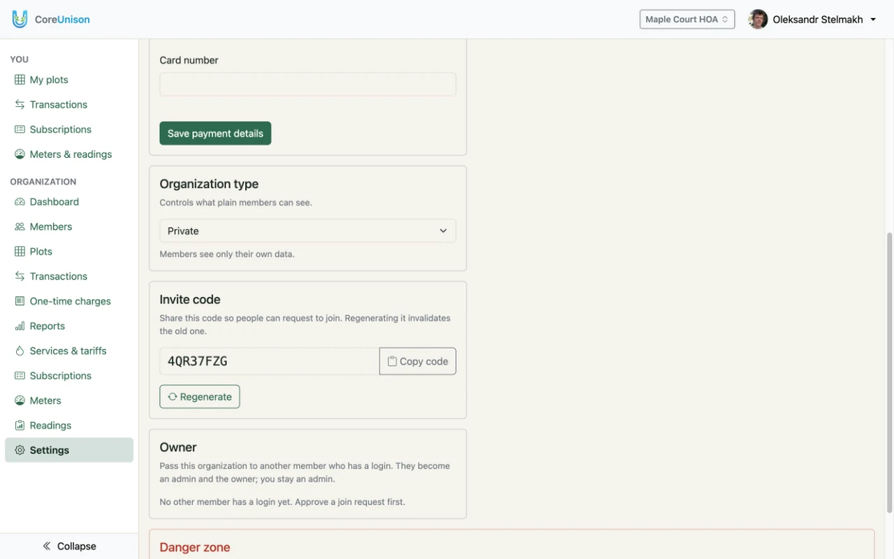 Settings with the organization’s invite code and the Copy code button