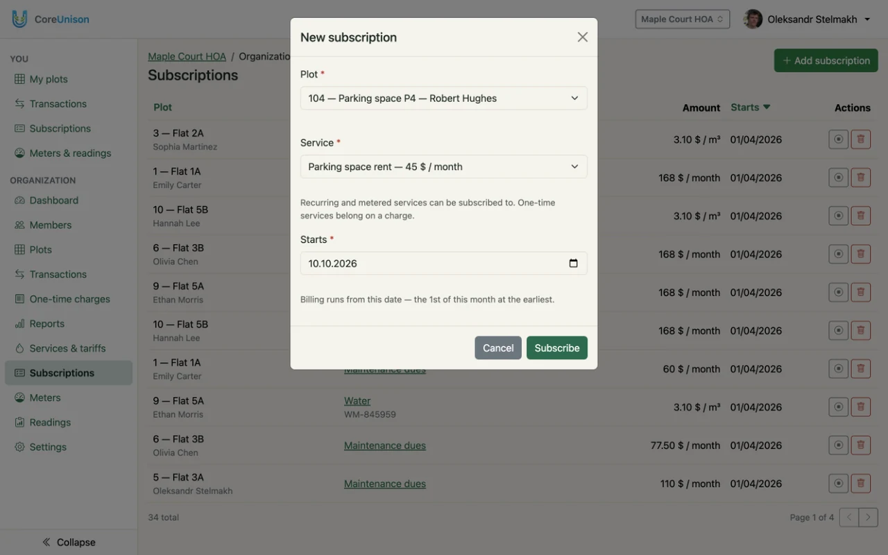 Subscribing a plot: each service shows what that plot would pay