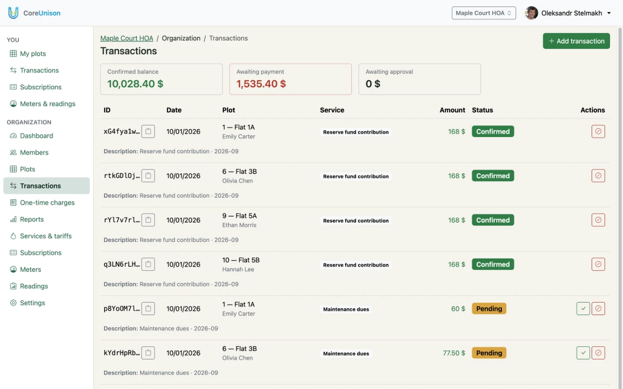 The transactions ledger: the confirmed balance, money awaiting payment, and each charge by flat with its status